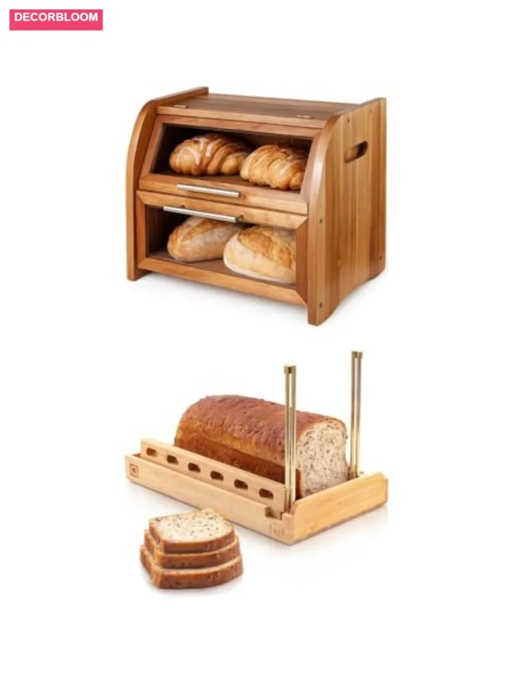 Acacia Wood Bread Box with Plexiglass Windows + Bamboo Bread Slicer